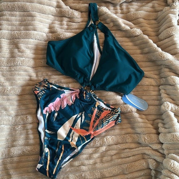 Brand New One Shoulder Swimsuit O-Ring Waist Bra Cup Green Tropical High Waist - Picture 3 of 14